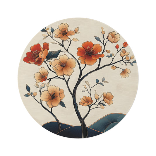 60" Round Botanical Rug, Flowering Tree Art Chenille Area Rug, Peach & Teal Nature Decor
