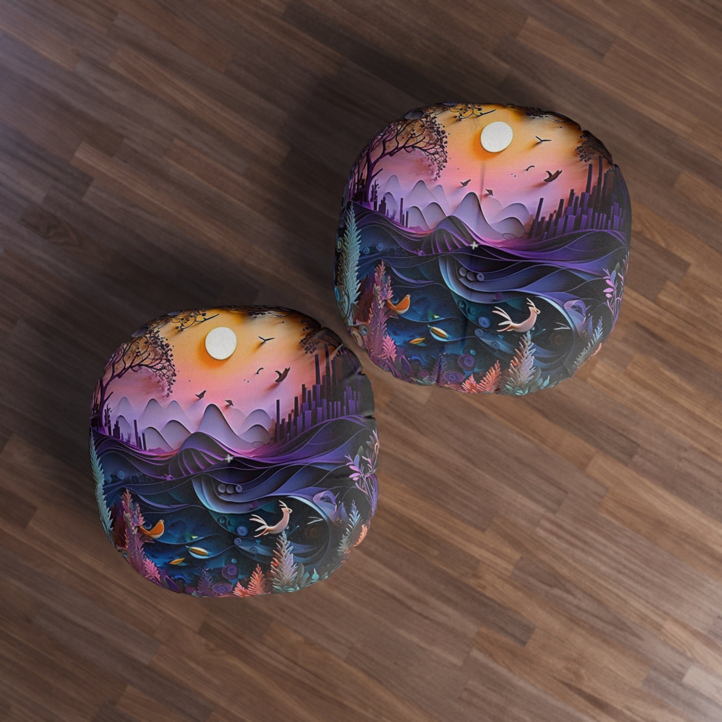 Boho Cosmic Round Floor Pillow Pouf - Tufted Meditation Cushion, Colorful Double-Sided