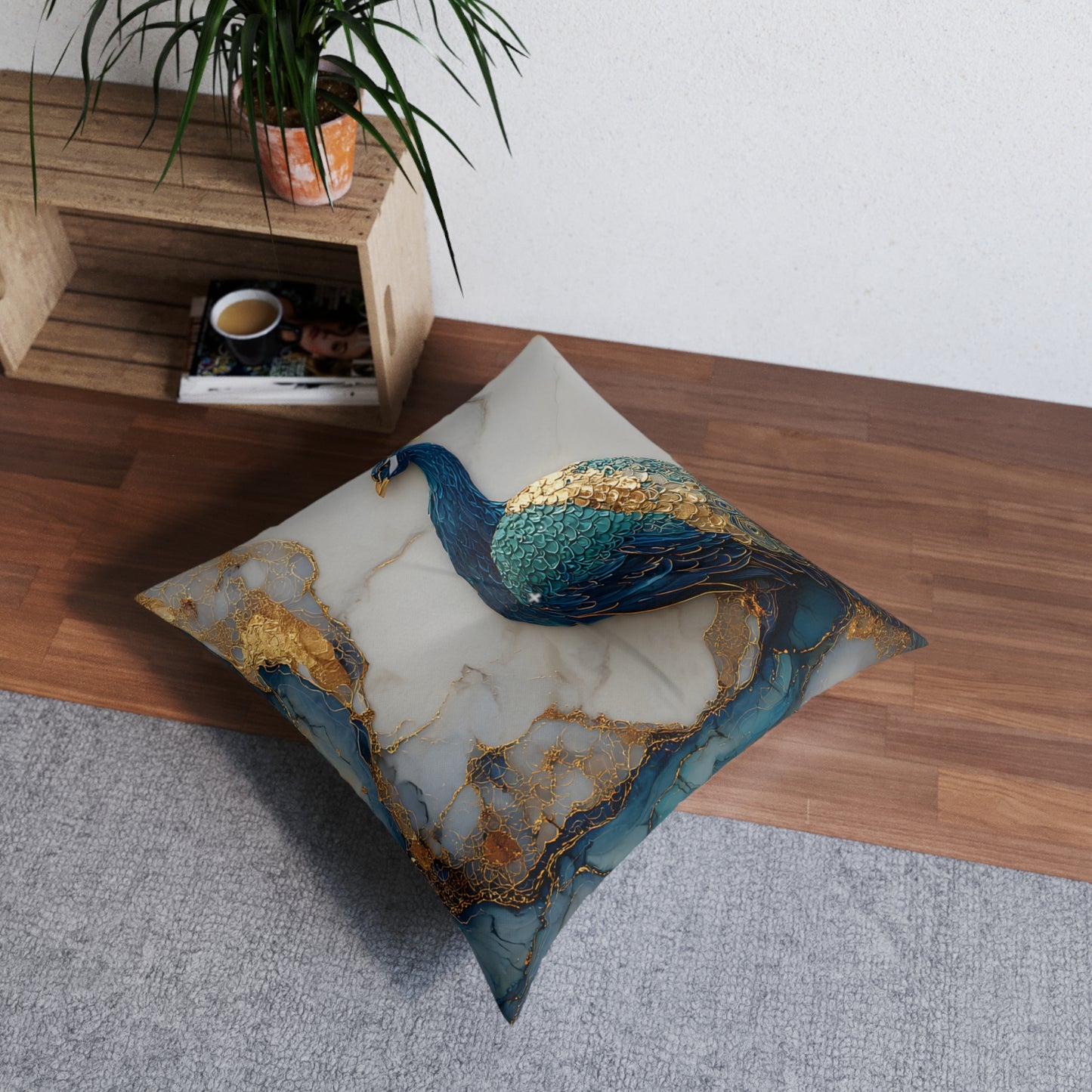 Peacock Jewel-Tone Square Floor Pillow - Double-Sided Teal Marble Cushion for Lounge & Nook