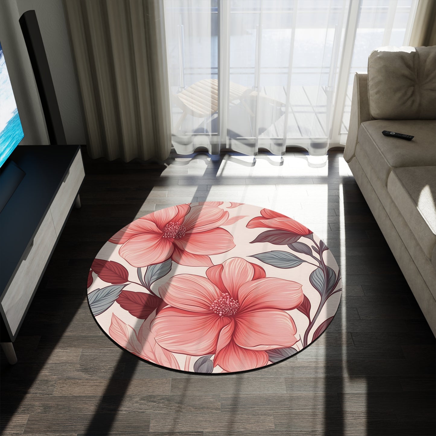 60" Round Floral Area Rug - Pink & Coral Chenille Boho Decor for Bedroom Living Room