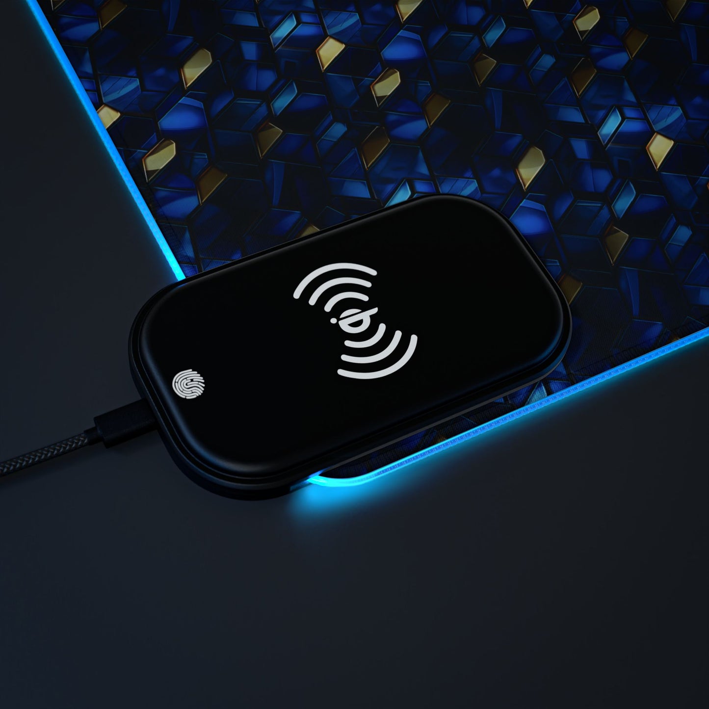 rgb gaming mouse pad with 15w qi charging – blue & gold geometric desk mat
