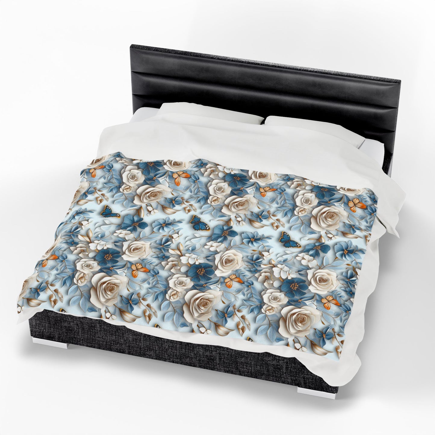 Velveteen plush throw blanket with floral & butterfly design, soft light blue cozy decor