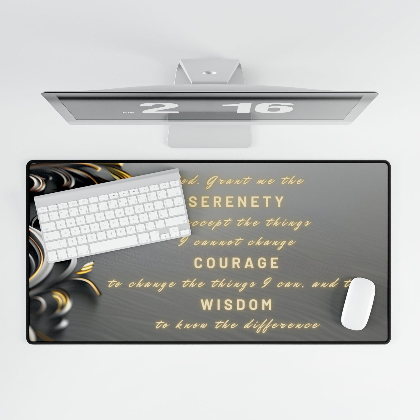 Inspirational Serenity Prayer Desk Mat with Gold Abstract Swirls | Non-Slip Office Accessory