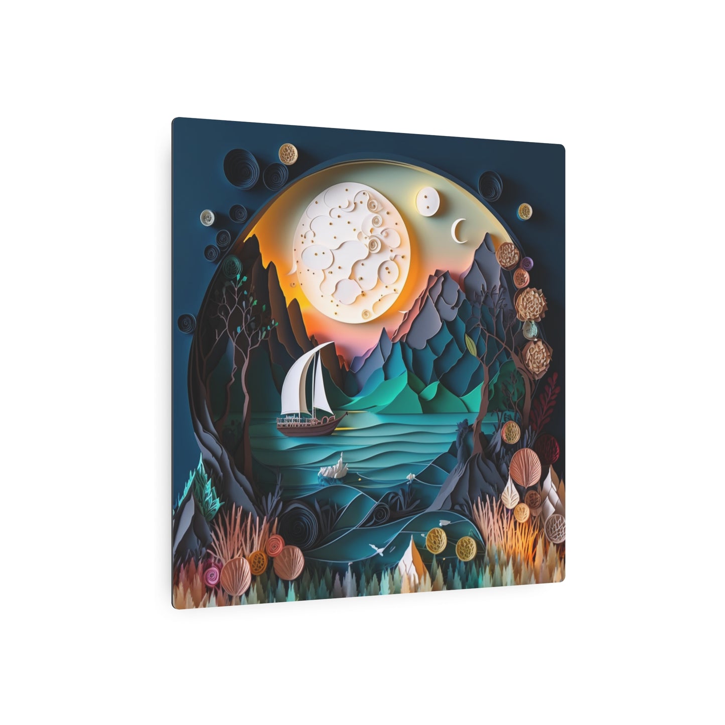 3D Metal Wall Art, Coastal Ocean Scene with Sailboat & Moon | Modern Nautical Home Decor