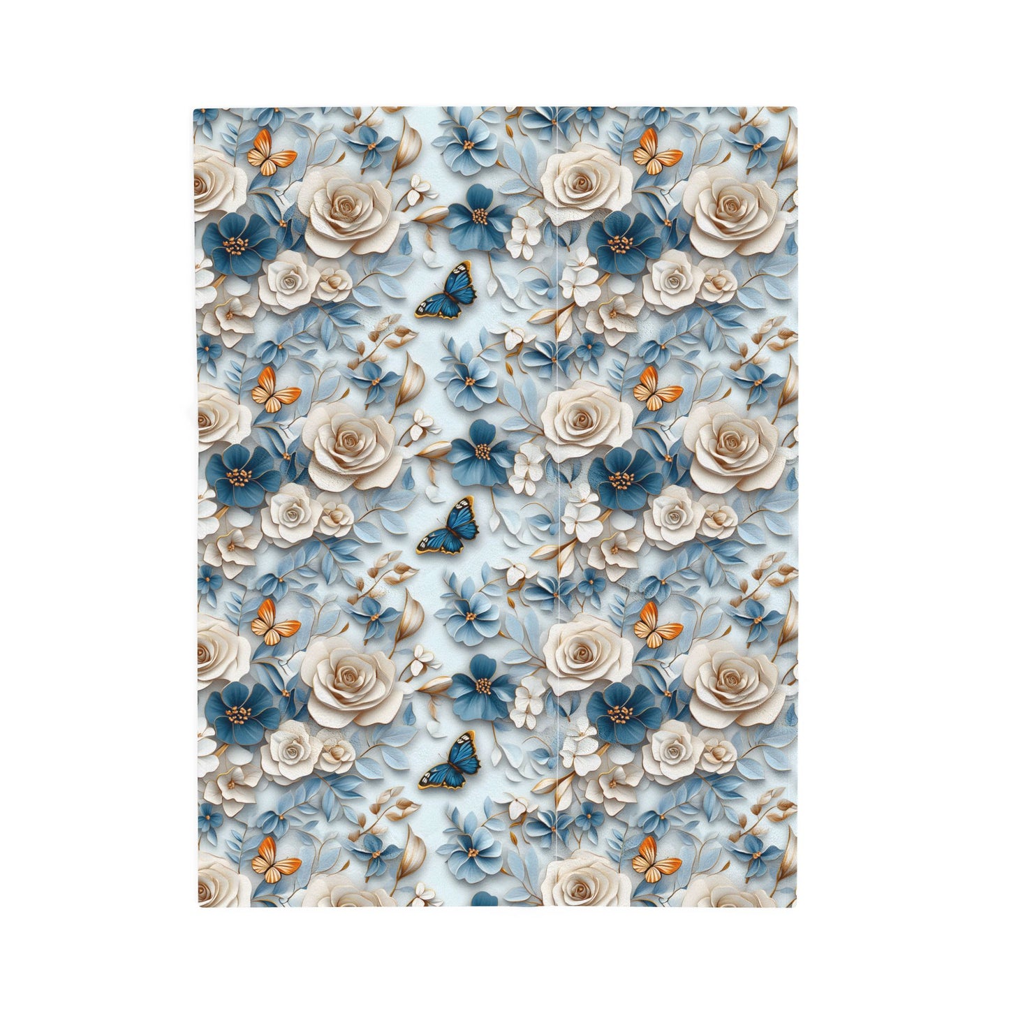 Velveteen plush throw blanket with floral & butterfly design, soft light blue cozy decor