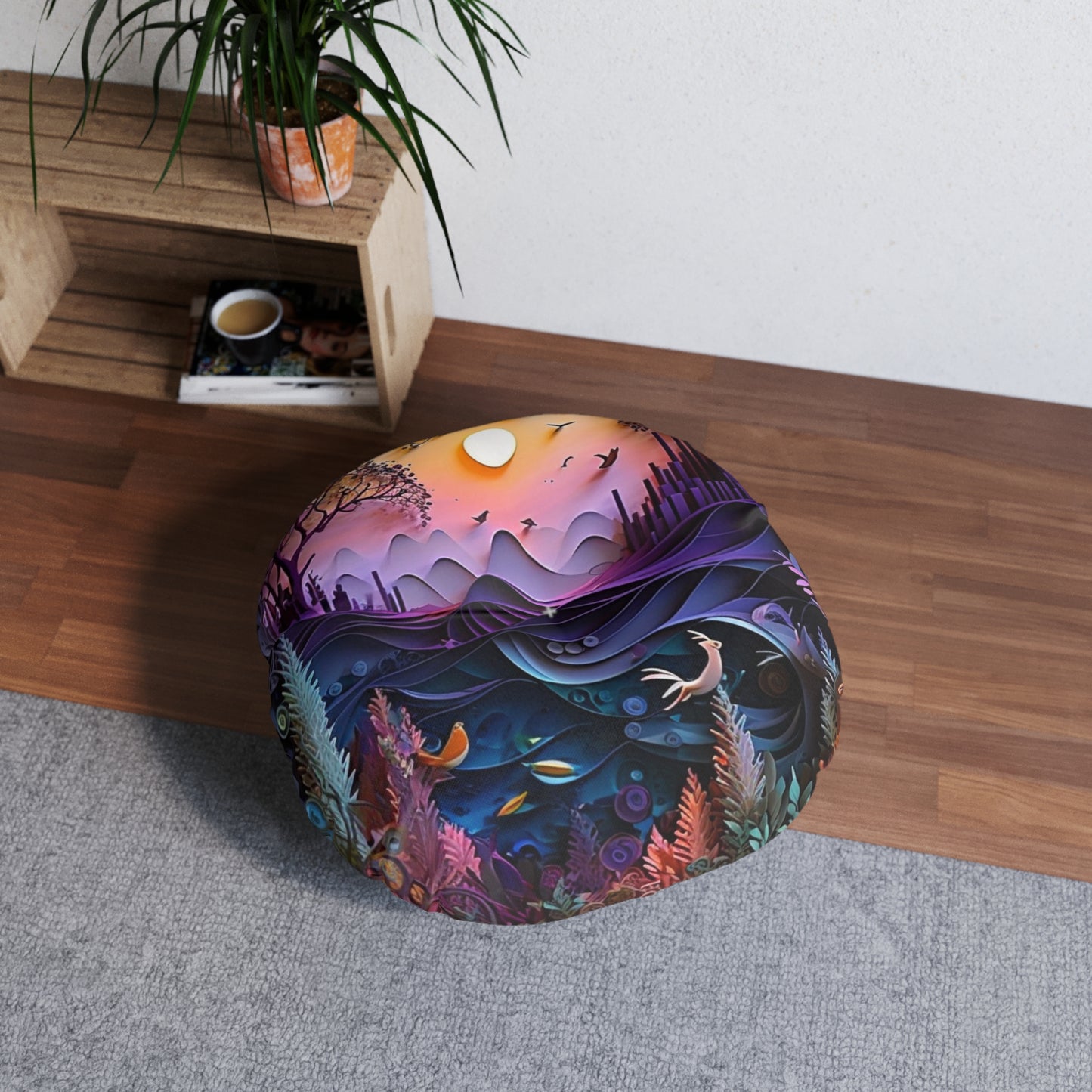 Boho Cosmic Round Floor Pillow Pouf - Tufted Meditation Cushion, Colorful Double-Sided
