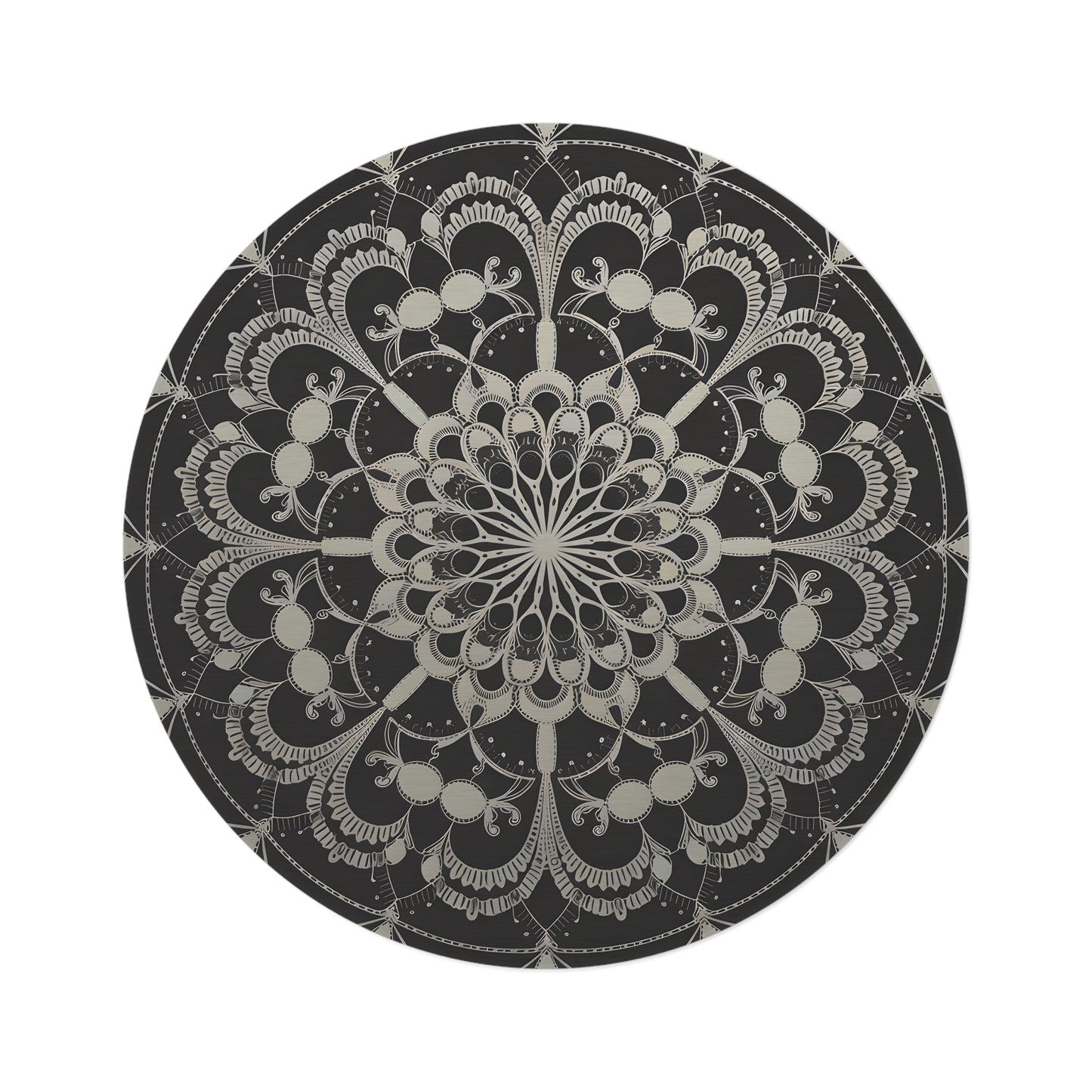 60-Inch Round Mandala Rug, Black & Gray Modern Boho Chenille Area Rug with Non-Slip Backing