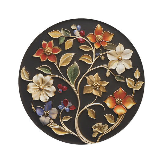 60" Round Dark Floral Chenille Rug - Ornate Black & Gold Botanical Centerpiece for Living Room