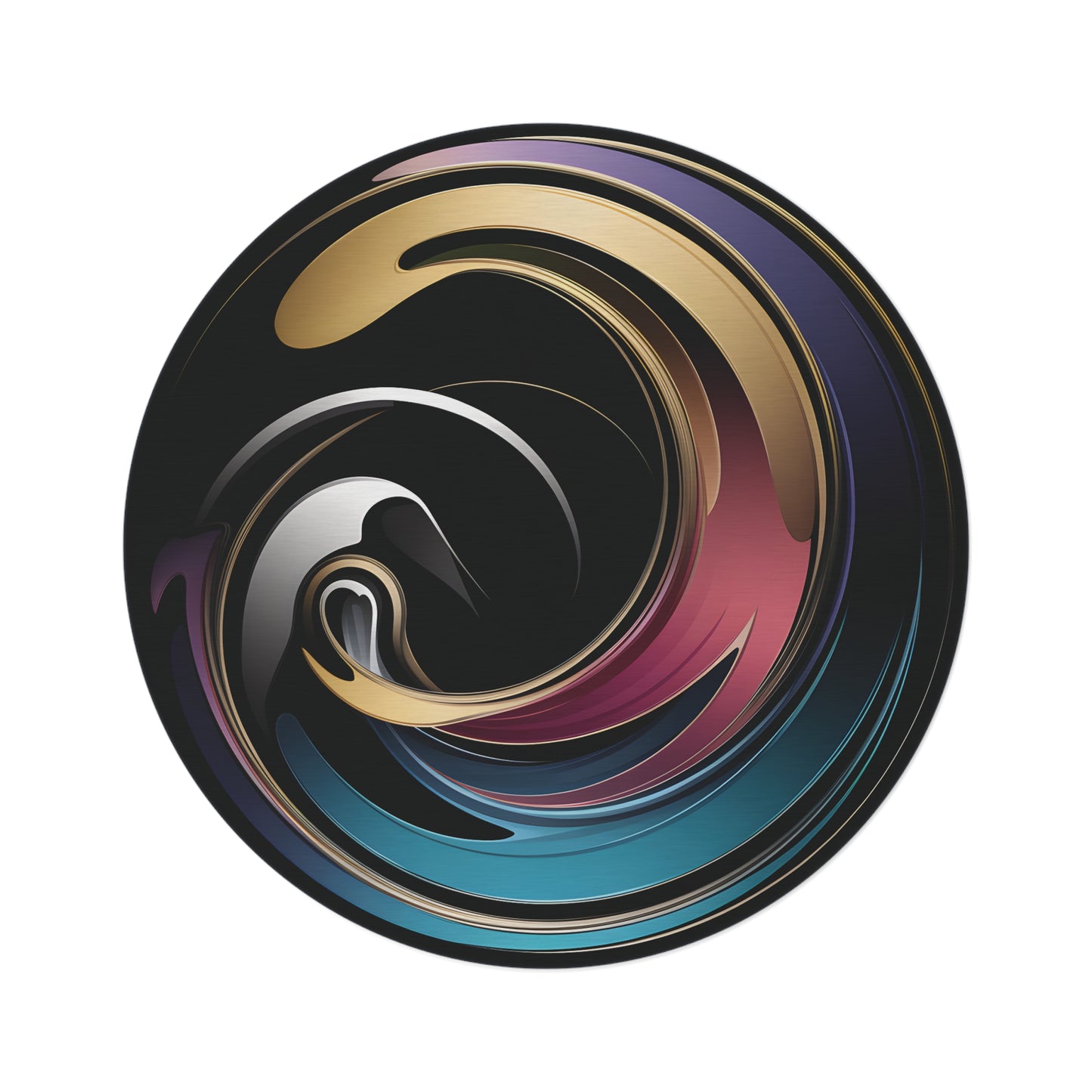 60-inch round abstract swirl rug, black with gold & teal - non-slip chenille area rug