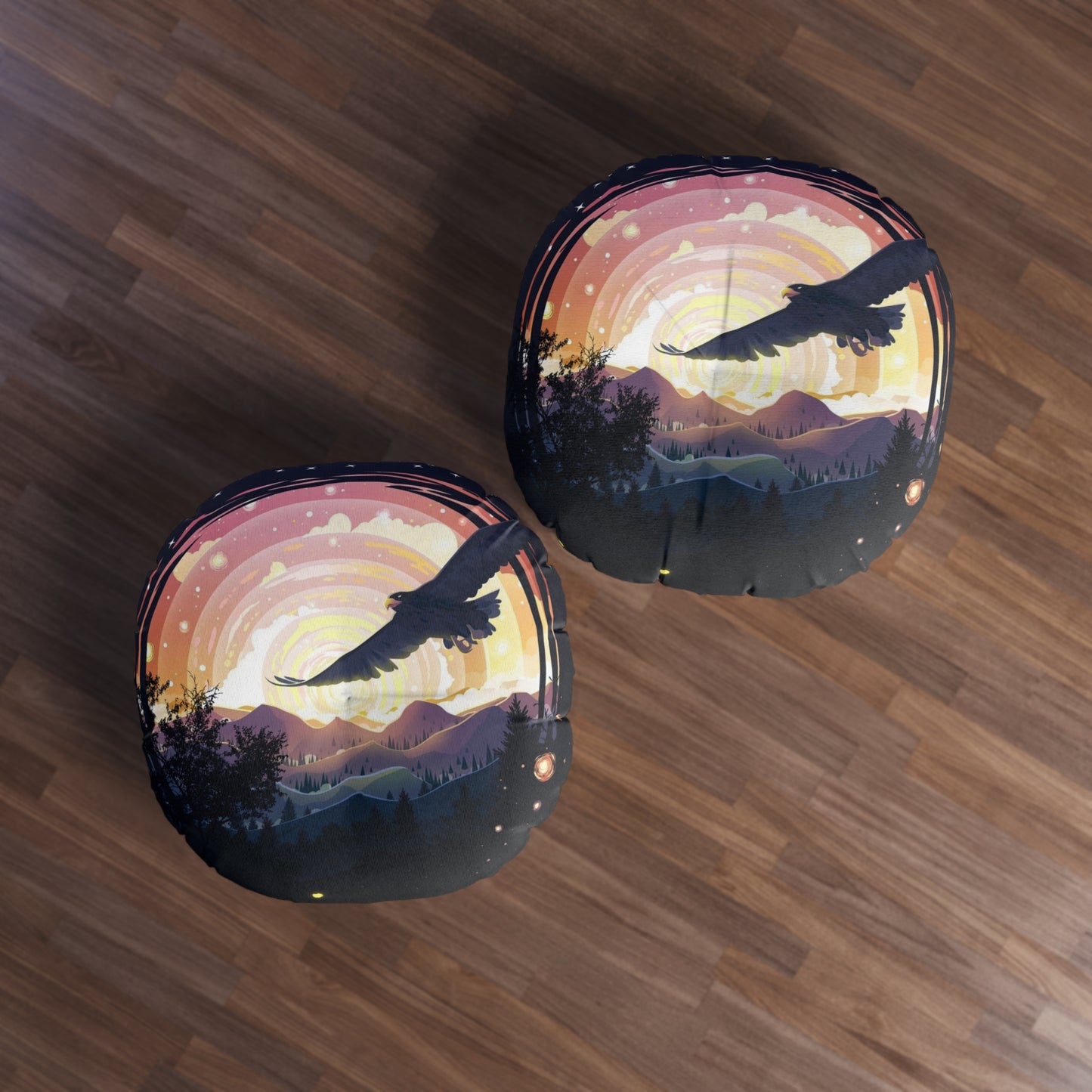 Boho Round Tufted Floor Pillow – Celestial Bird & Sunset Mountains, Double-Sided