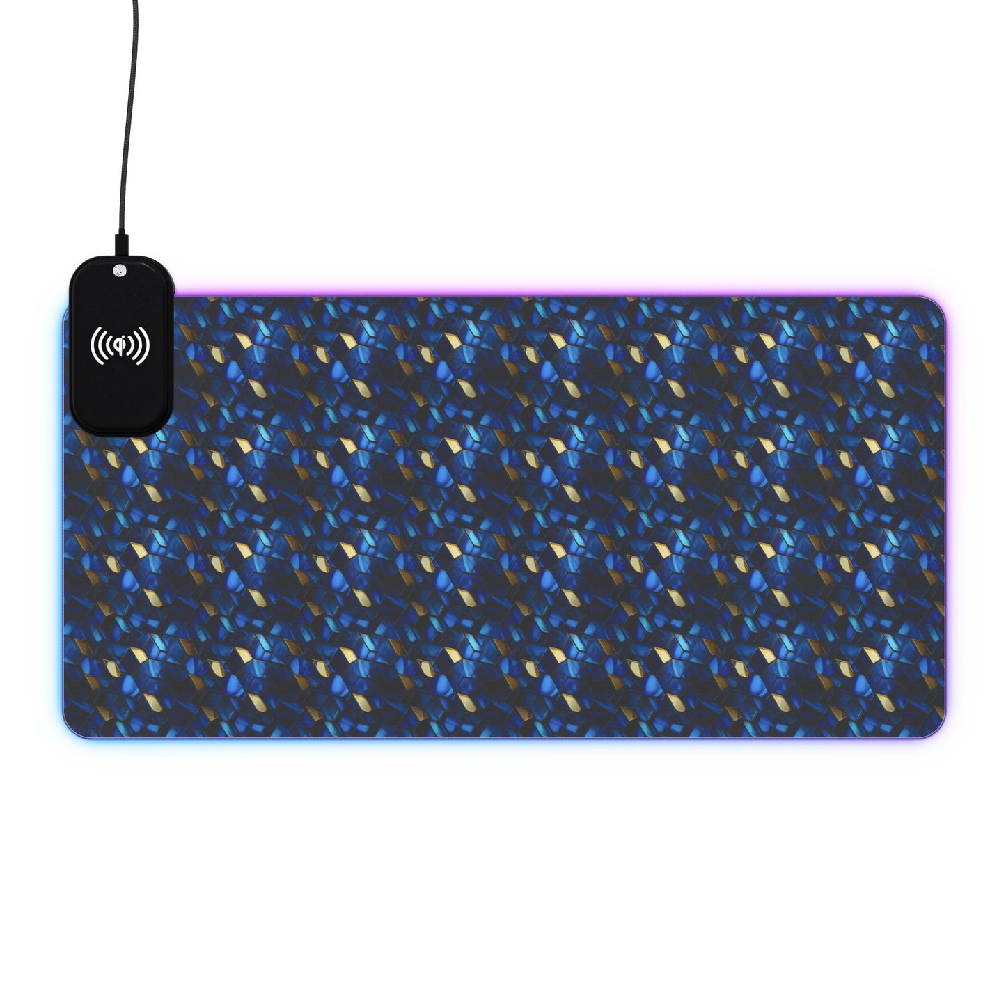 rgb gaming mouse pad with 15w qi charging – blue & gold geometric desk mat