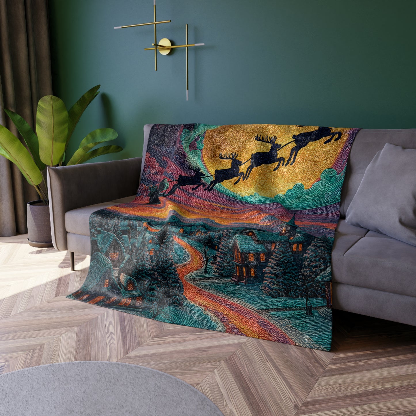 Santa Sleigh and Reindeer Crushed Velvet Blanket | Christmas Nightscape