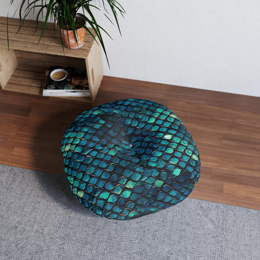 Round Tufted Floor Pillow - Boho Mermaid Scale Cushion, Teal Navy Turquoise, Plush Seating