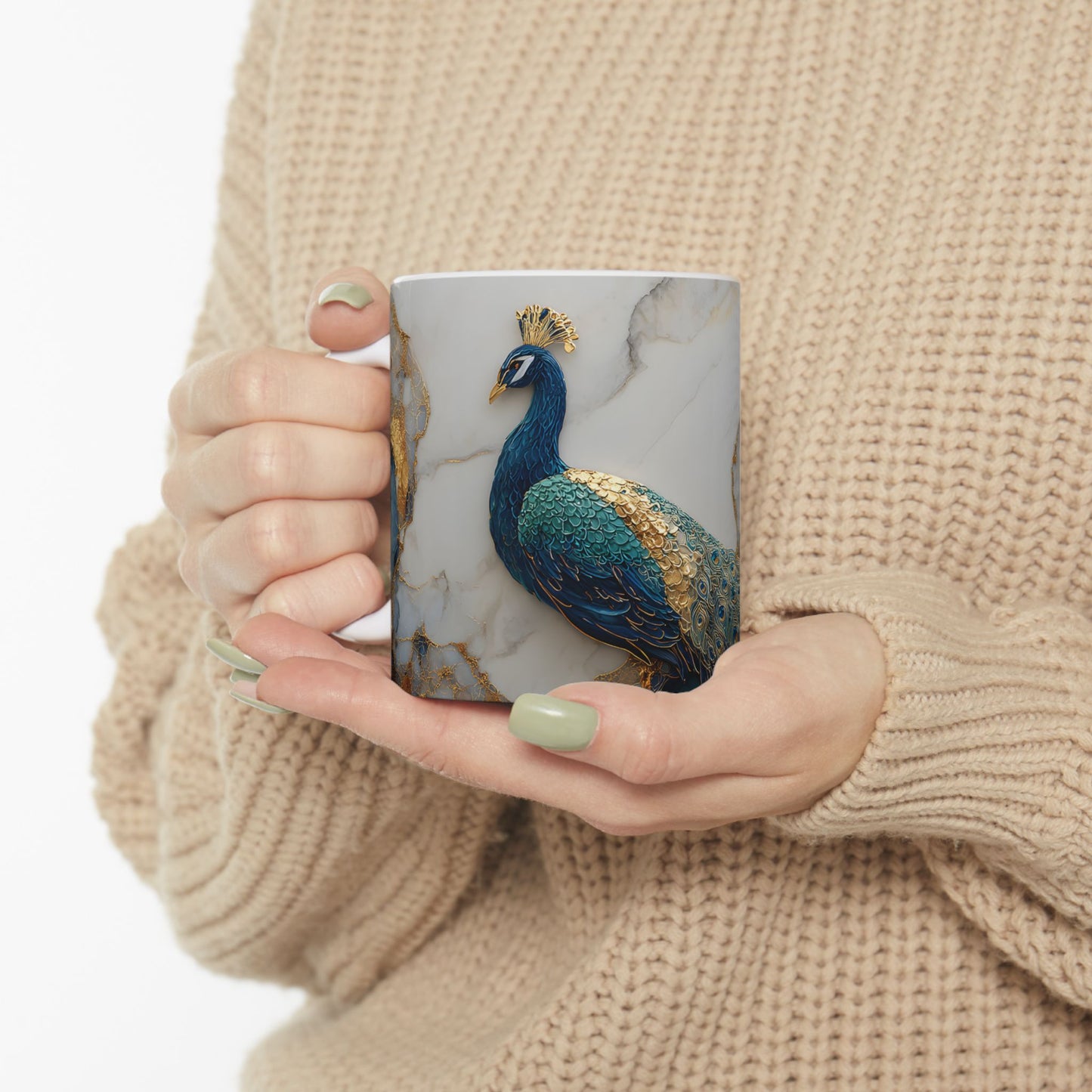 Elegant Peacock Ceramic Mug, Colorful Teal Blue Mug, Unique Coffee Cup Gift, Artistic Tea Mug, Home Decor, Art Lover's Present