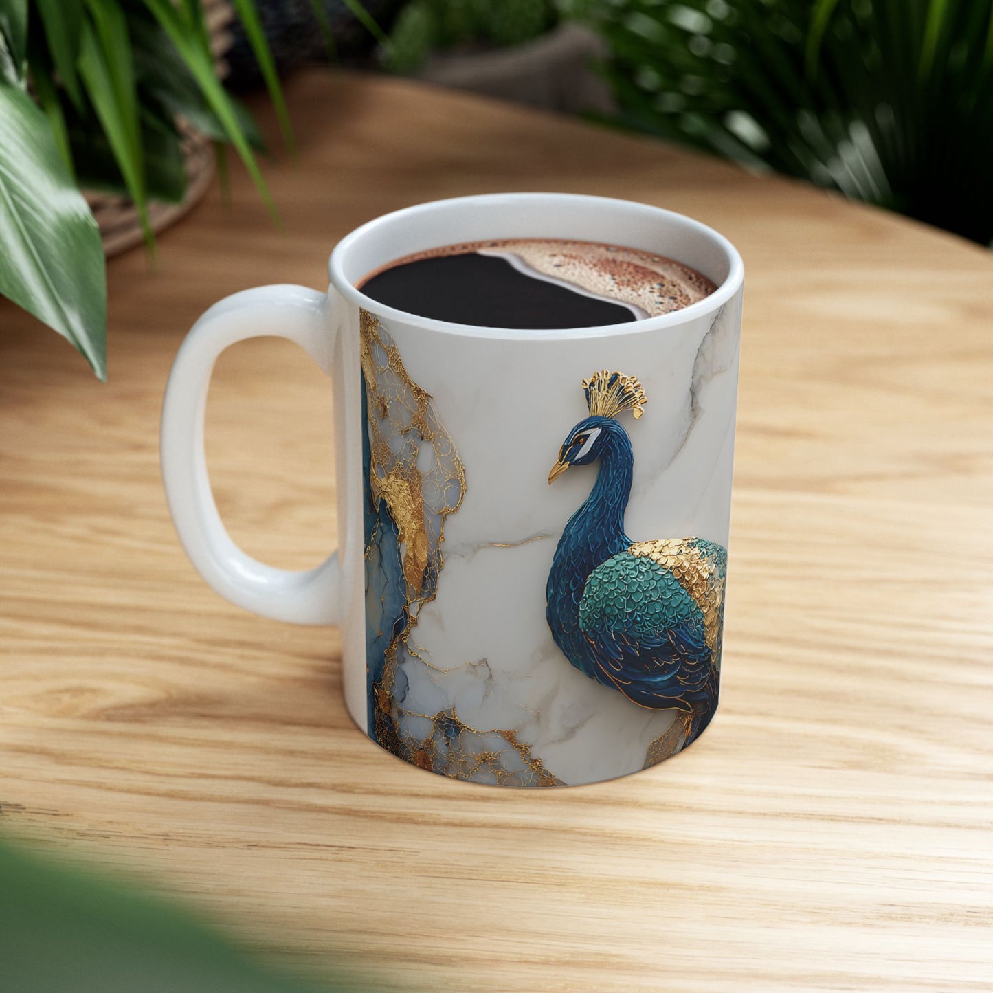 Elegant Peacock Ceramic Mug, Colorful Teal Blue Mug, Unique Coffee Cup Gift, Artistic Tea Mug, Home Decor, Art Lover's Present