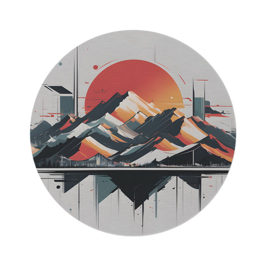 60-Inch Round Chenille Area Rug, Modern Geometric Mountain Sun Art, Slip-Resistant Backing