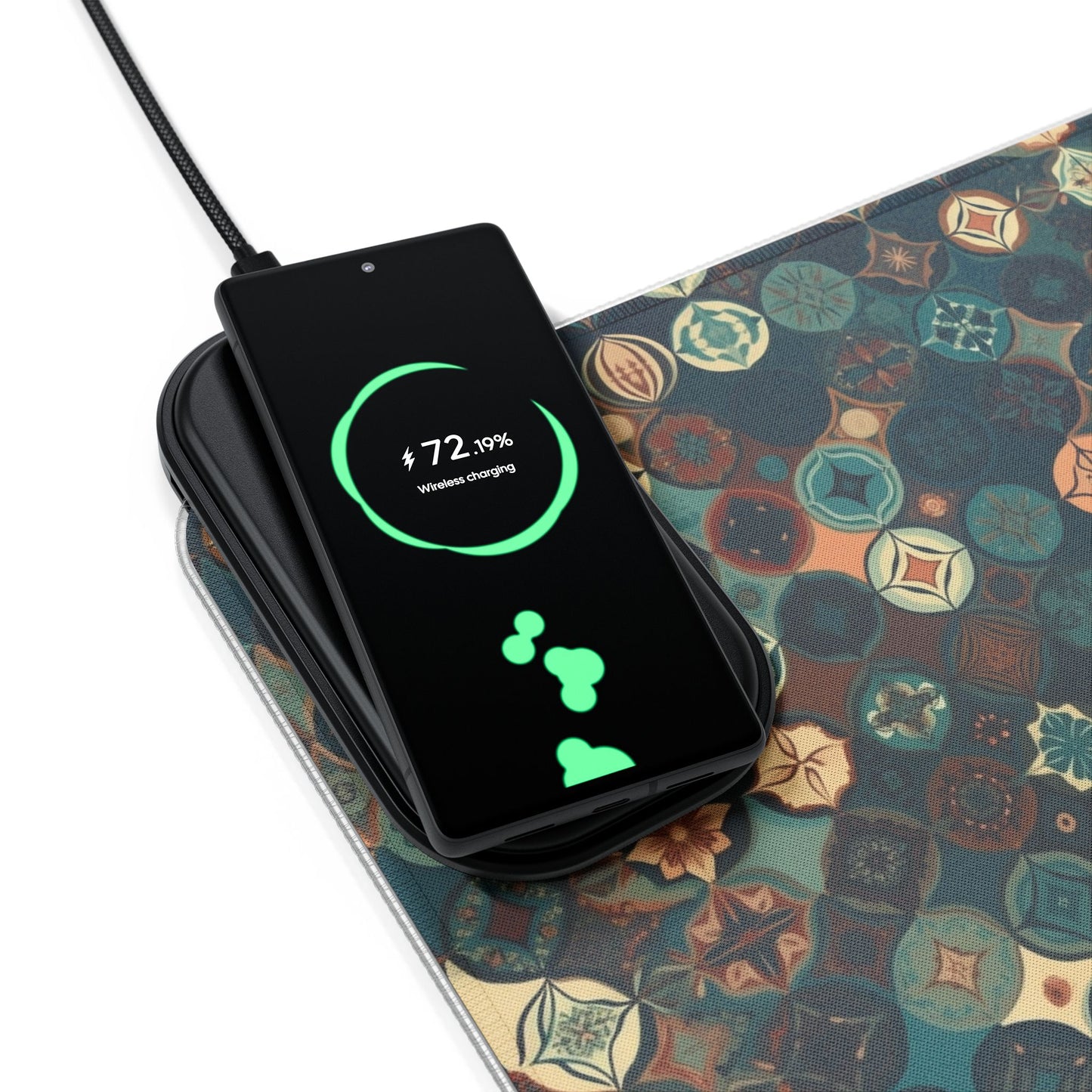 rgb gaming mouse pad with 15w qi charging – smooth xl desk mat, geometric teal gold design