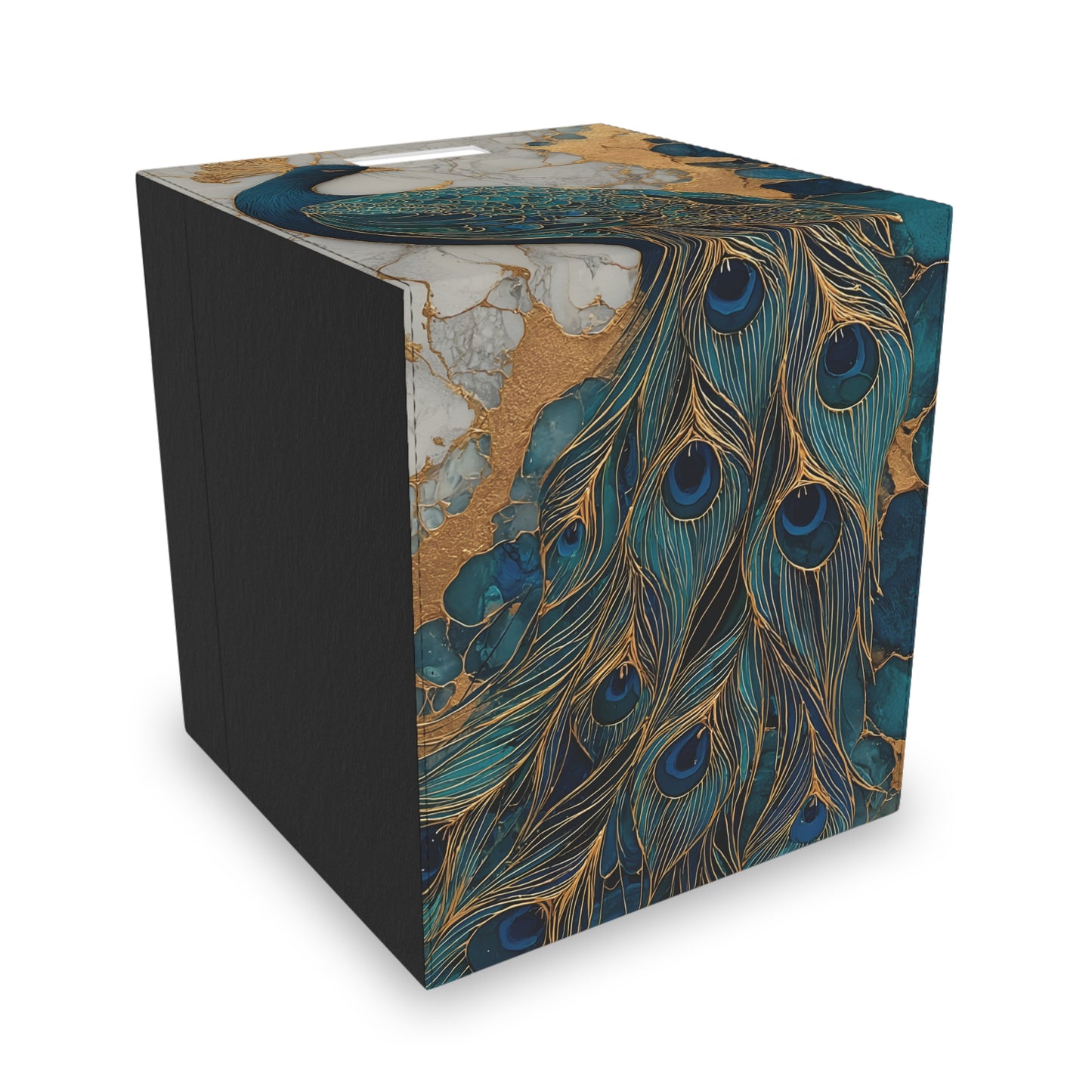 Peacock Felt Storage Box, Decorative Foldable Cube Bin with Handles, Teal & Gold