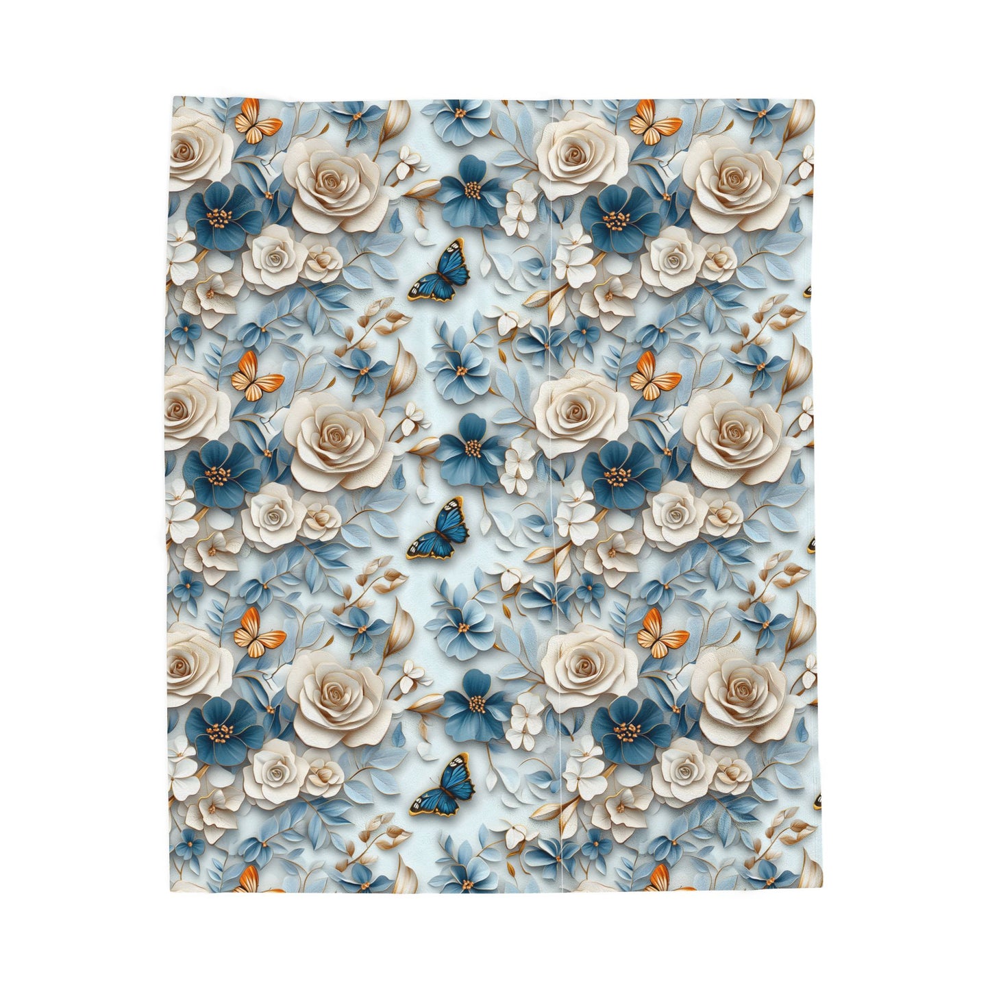 Velveteen plush throw blanket with floral & butterfly design, soft light blue cozy decor