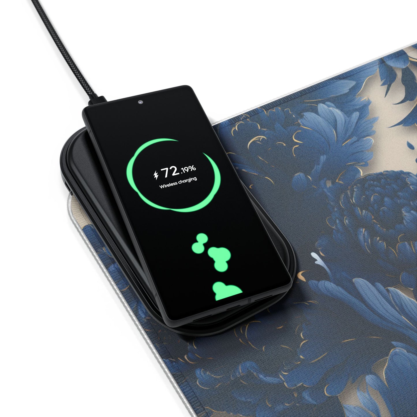 Artistic floral rgb gaming mouse pad with 15w Qi wireless charging, non-slip desk mat