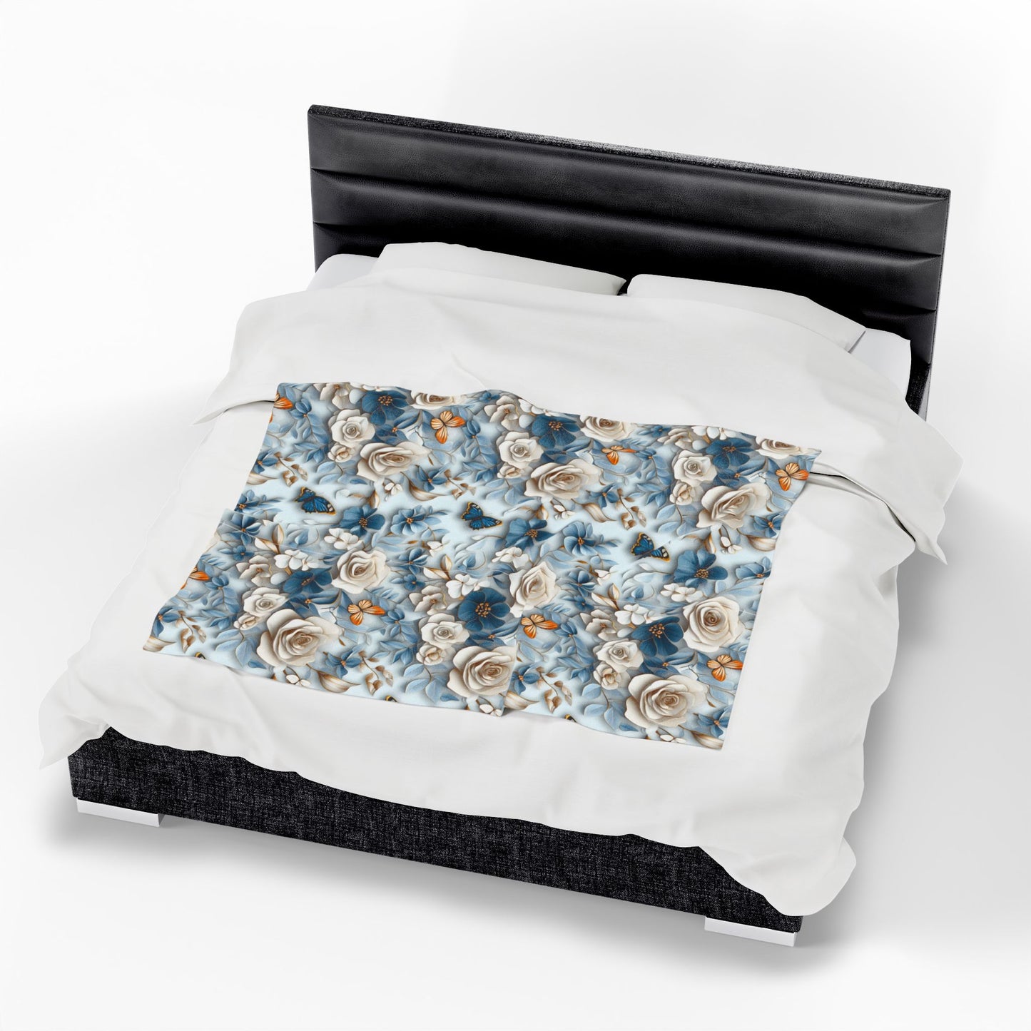 Velveteen plush throw blanket with floral & butterfly design, soft light blue cozy decor