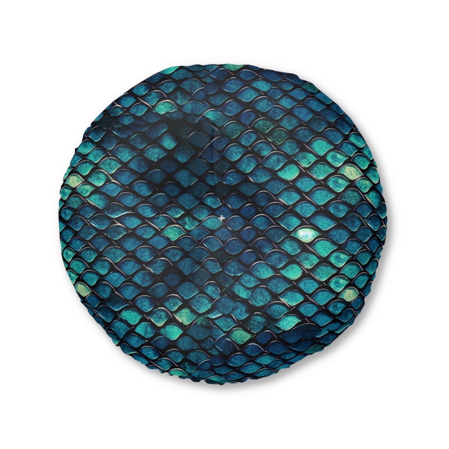 Round Tufted Floor Pillow - Boho Mermaid Scale Cushion, Teal Navy Turquoise, Plush Seating