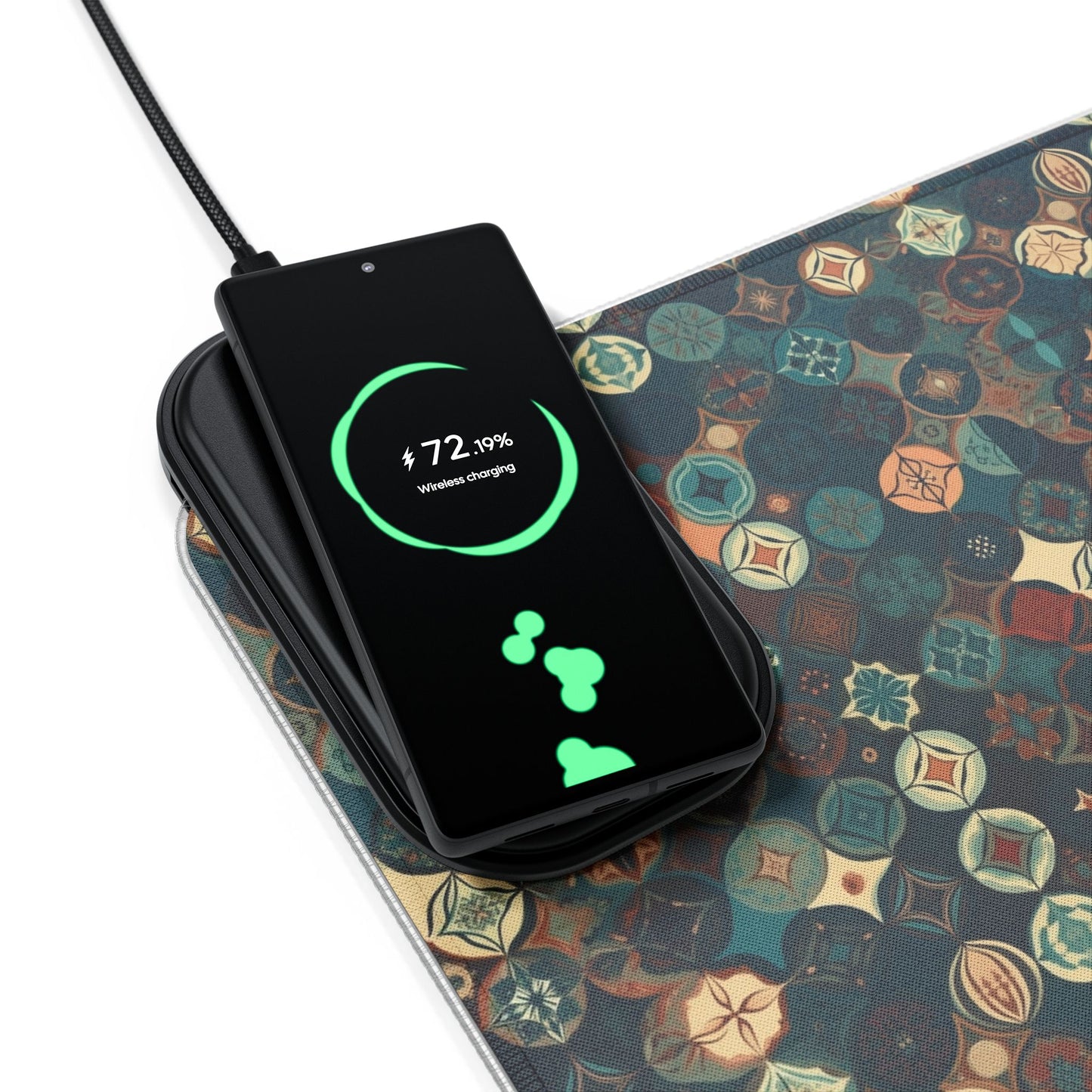 rgb gaming mouse pad with 15w qi charging – smooth xl desk mat, geometric teal gold design