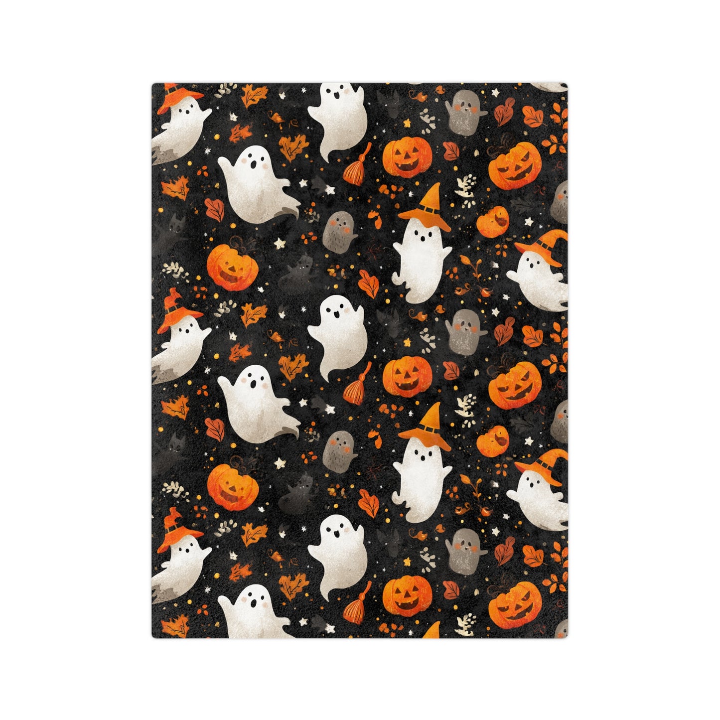 Cozy Halloween Throw Blanket - Velveteen Microfiber with Cute Ghosts & Pumpkins | Night-Sky Black