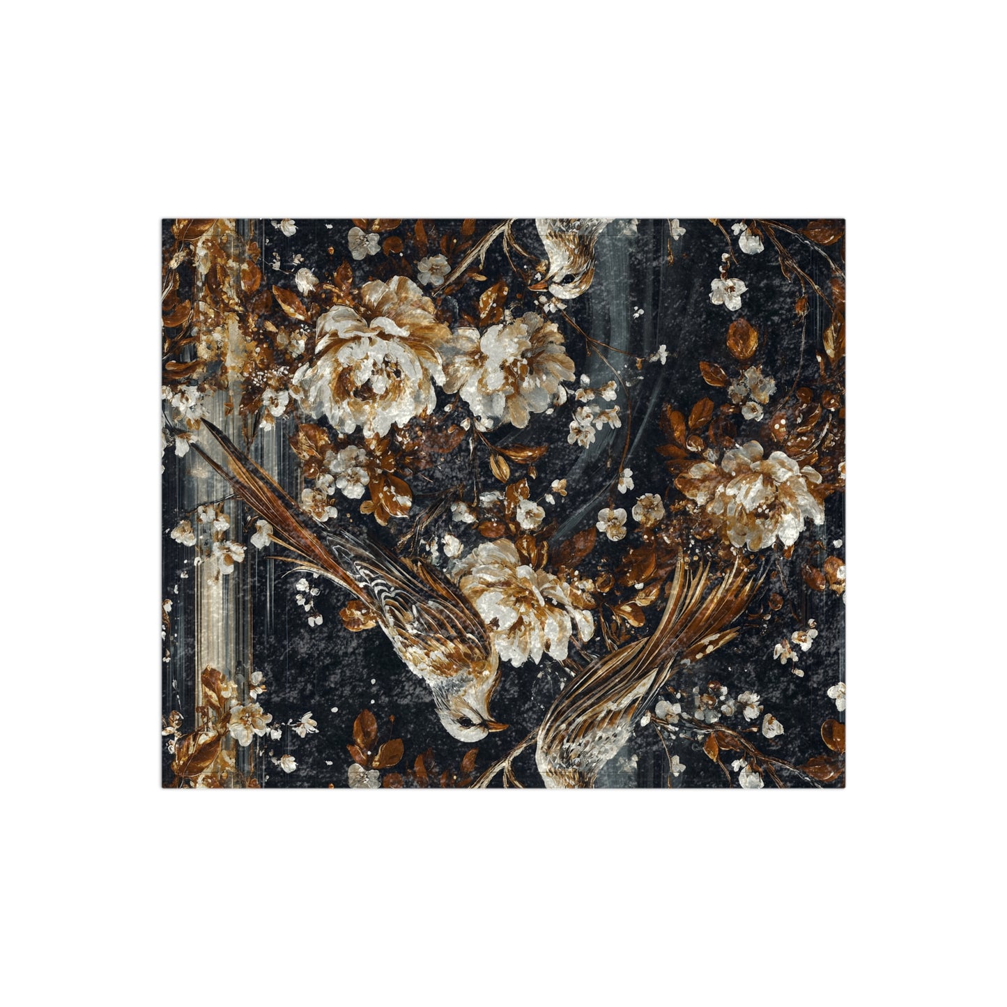 Crushed Velvet Throw Blanket - Dark Floral & Bird Design, Charcoal Bronze, 50x60, Reversible Plush