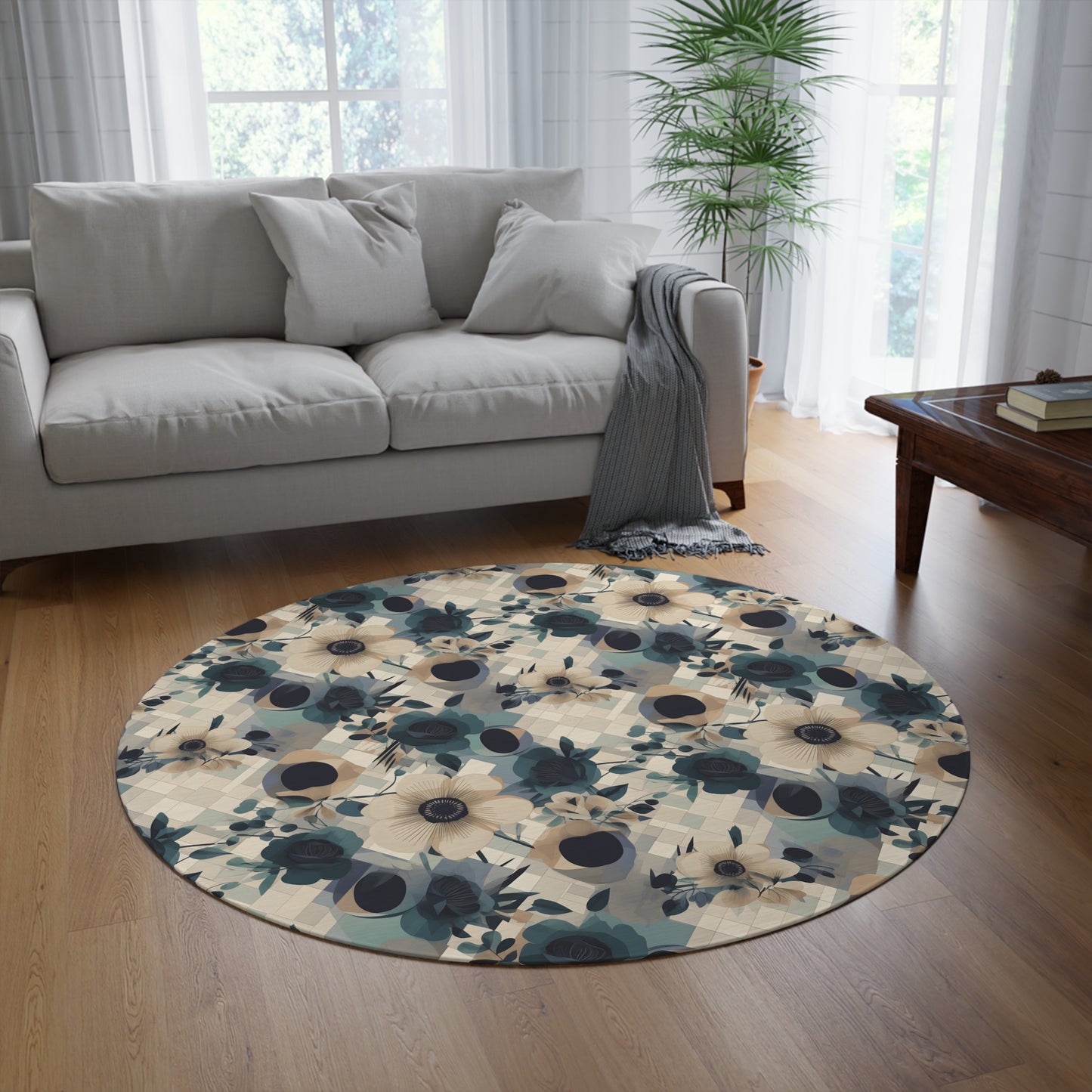 60-Inch Round Floral Chenille Rug, Earth-Tone Botanical Area Rug with Coated Backing