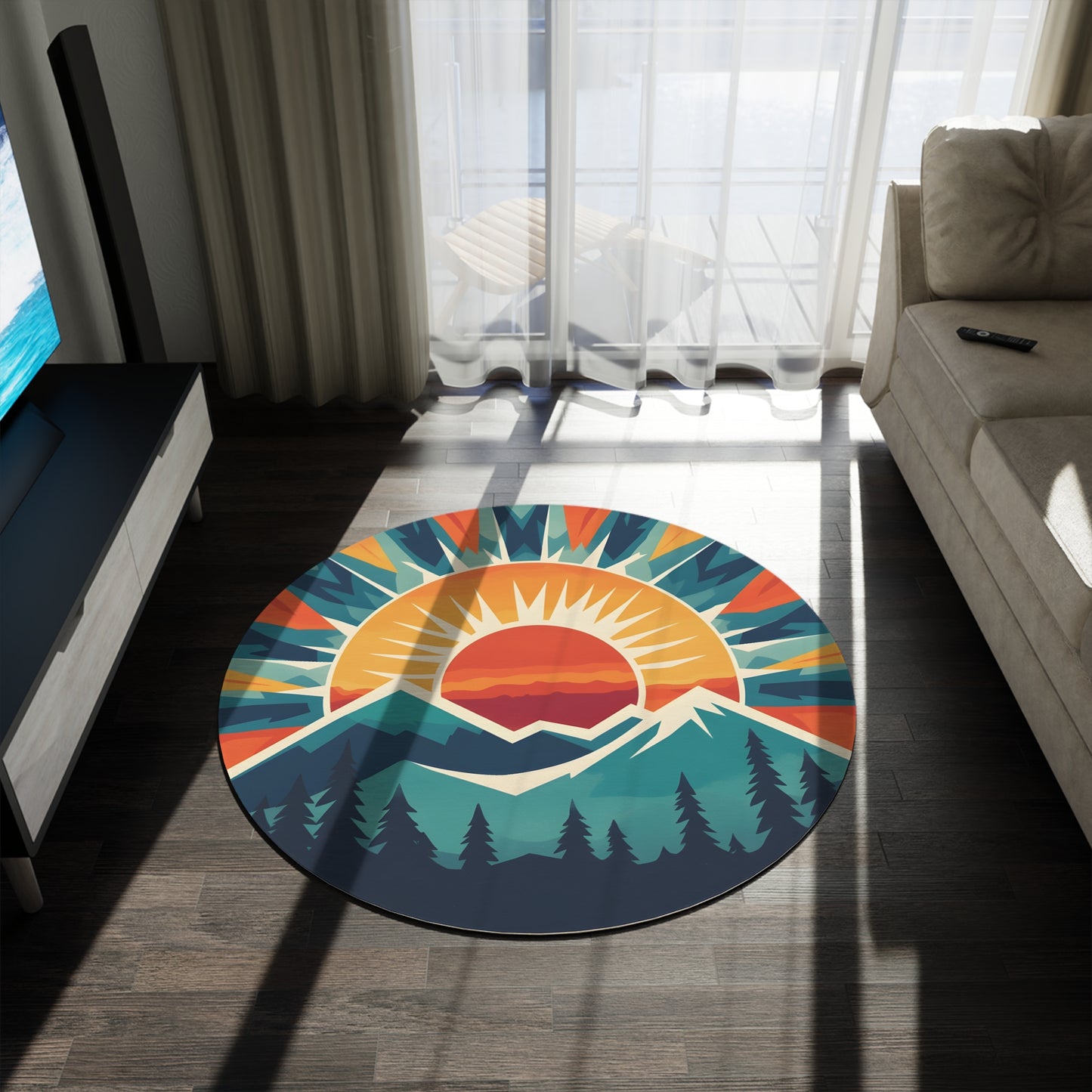 60" Round Mountain Rug, Vibrant Sunset Chenille Floor Mat, Modern Boho Nature Decor