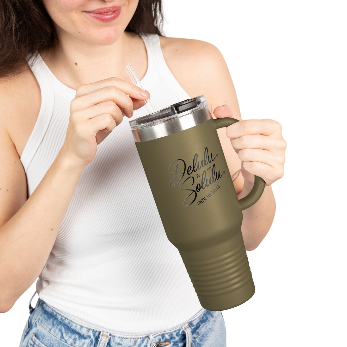 40oz Insulated Travel Mug with Straw & Handle – Stainless Steel Tumbler, Delulu Work Humor