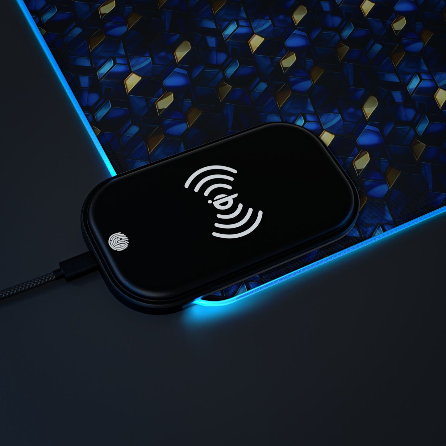 rgb gaming mouse pad with 15w qi charging – blue & gold geometric desk mat