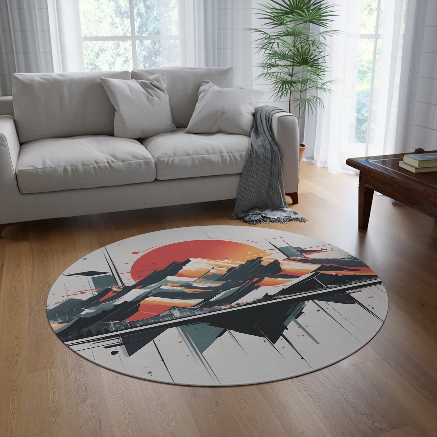 60-Inch Round Chenille Area Rug, Modern Geometric Mountain Sun Art, Slip-Resistant Backing