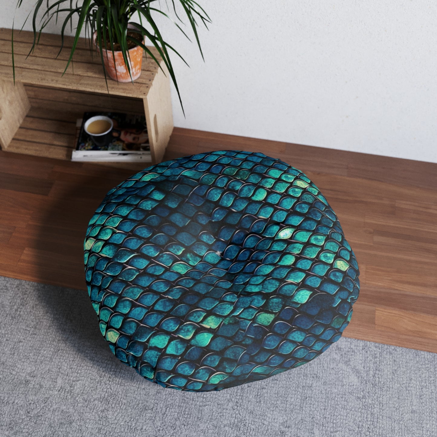 Round Tufted Floor Pillow - Boho Mermaid Scale Cushion, Teal Navy Turquoise, Plush Seating