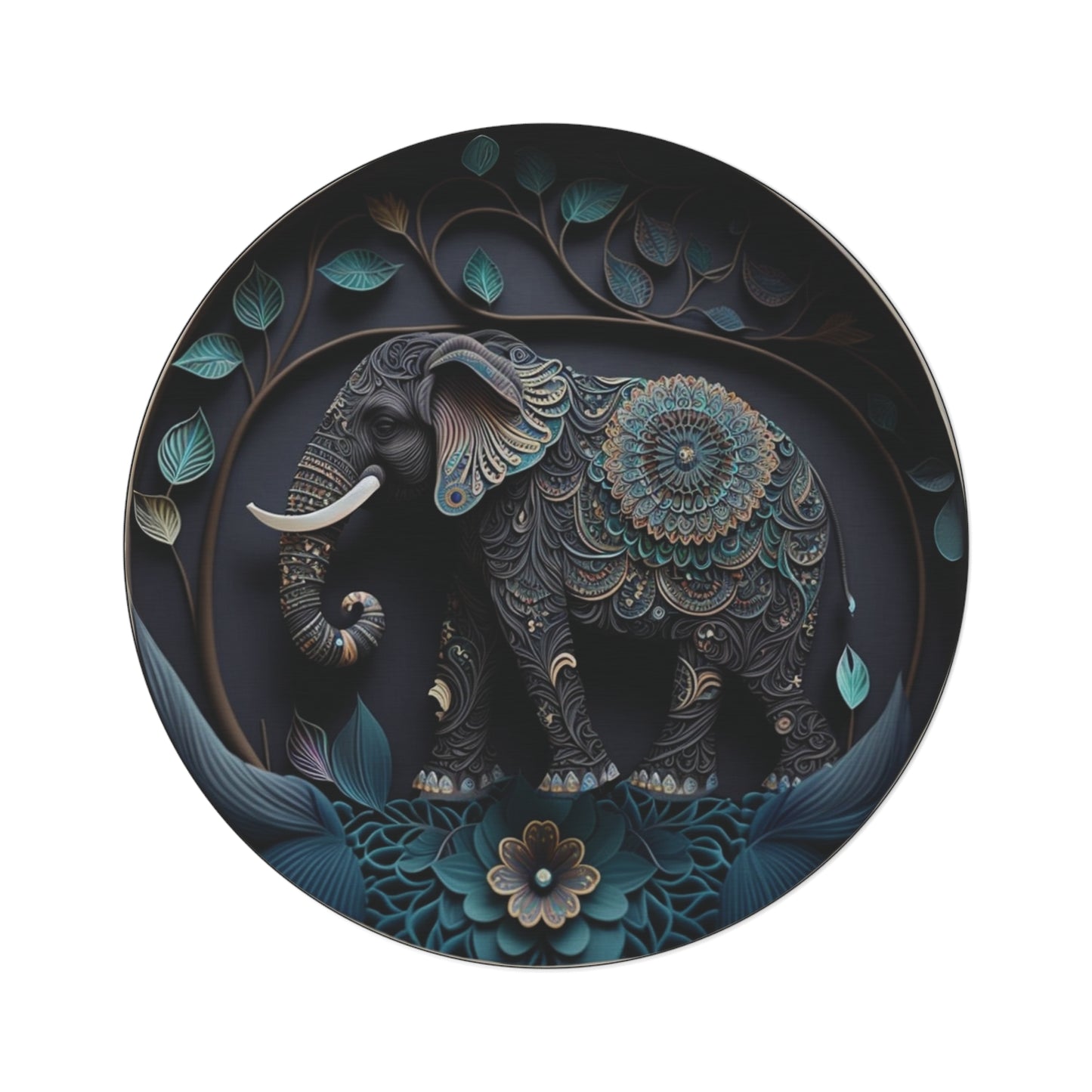 60" Elephant Mandala Round Rug - Blue Teal Boho Floral Meditation Decor & Soft Chenille Floor Mat