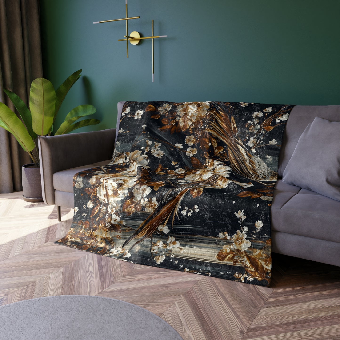 Crushed Velvet Throw Blanket - Dark Floral & Bird Design, Charcoal Bronze, 50x60, Reversible Plush