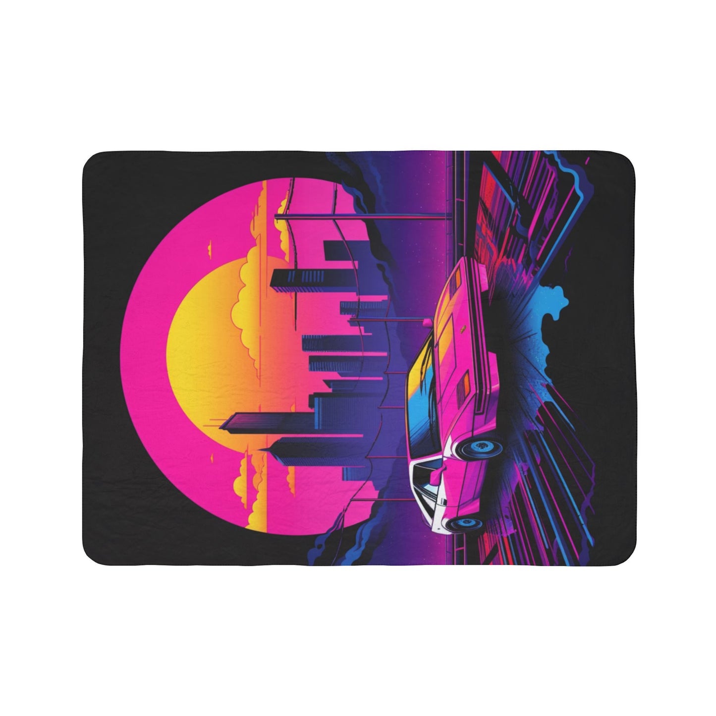Retro Synthwave Sports Car Fleece Blanket | Neon City Sunset