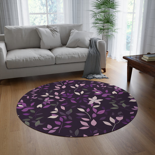 60-Inch Round Botanical Area Rug, Purple Leaf Design – Soft Chenille, Non-Slip