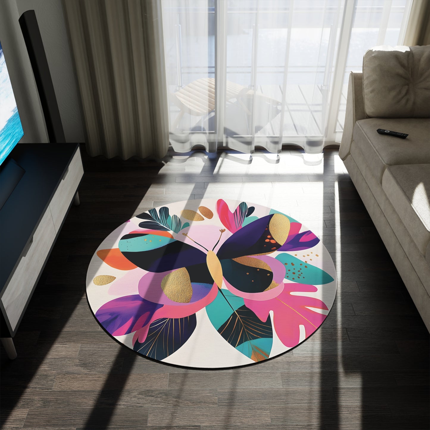 60-Inch Round Butterfly Rug – Modern Abstract Chenille Area Rug, Non-Slip Backing, Low-Profile