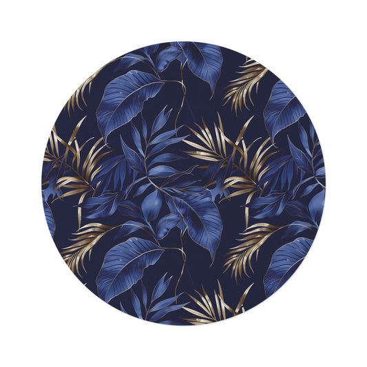 60-inch round chenille rug – navy and gold botanical accent for elegant home decor