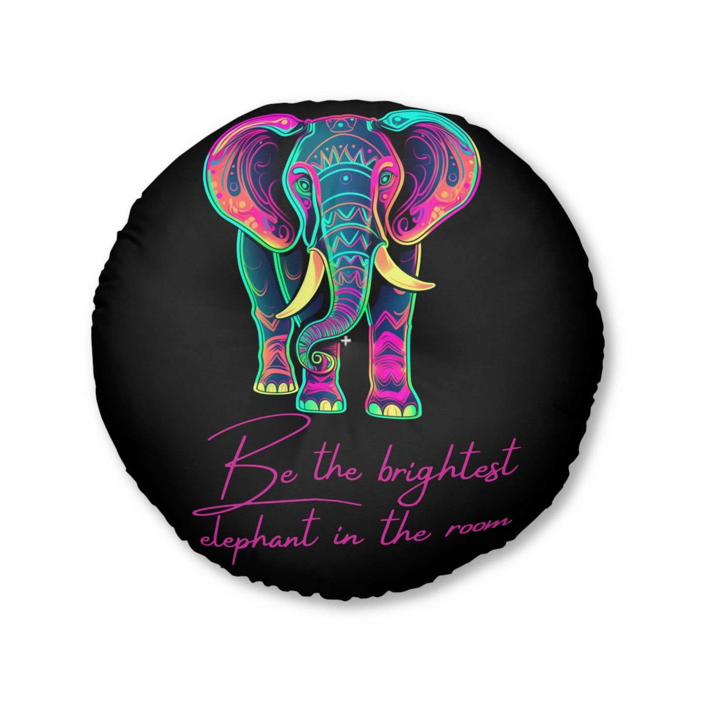 Boho Round Tufted Floor Pillow - Neon Elephant Decor, Black Pouf Cushion, Meditation