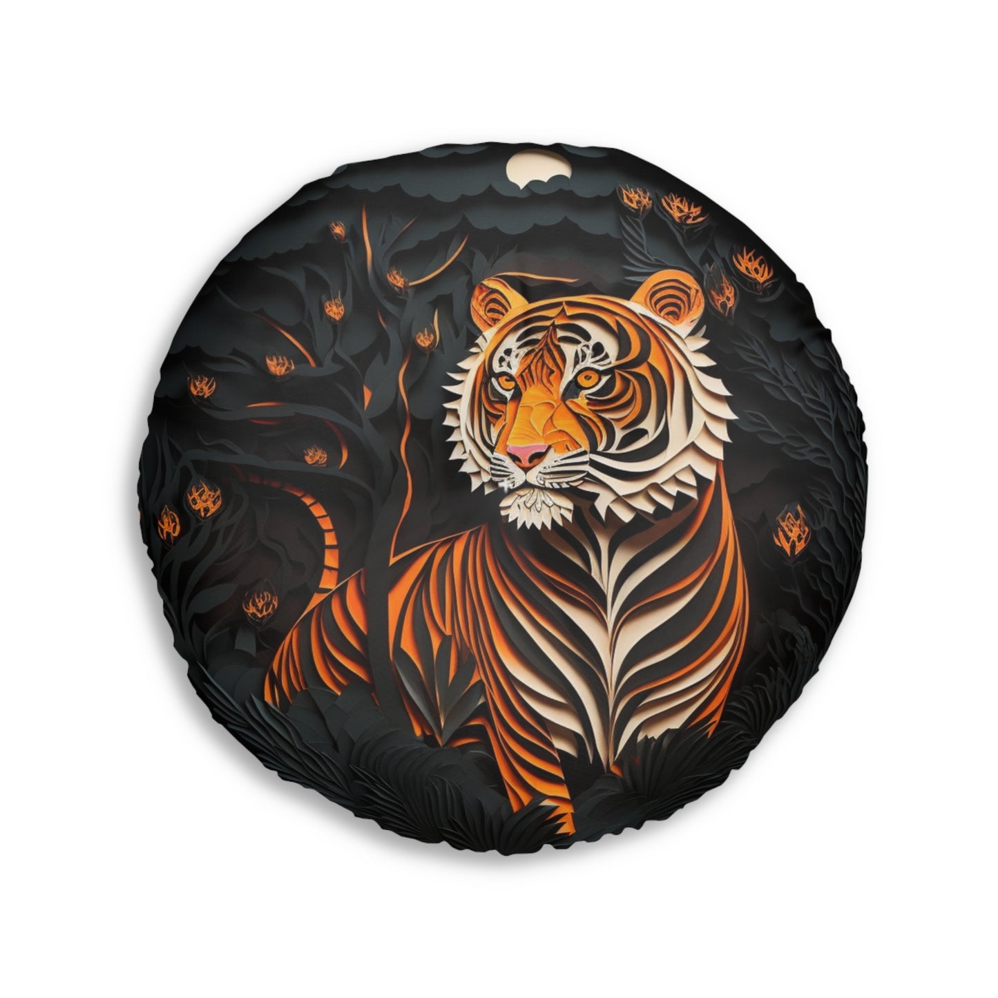 Round Tufted Tiger Floor Pillow – Boho Jungle Cushion, Plush Reversible Seating