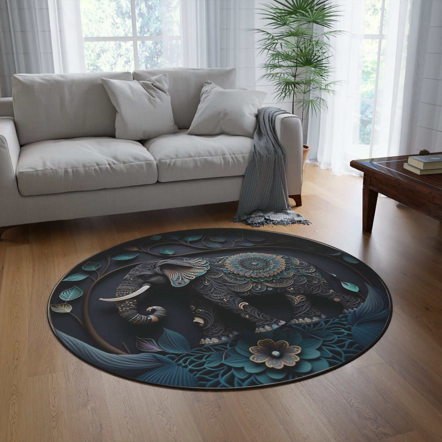 60" Elephant Mandala Round Rug - Blue Teal Boho Floral Meditation Decor & Soft Chenille Floor Mat