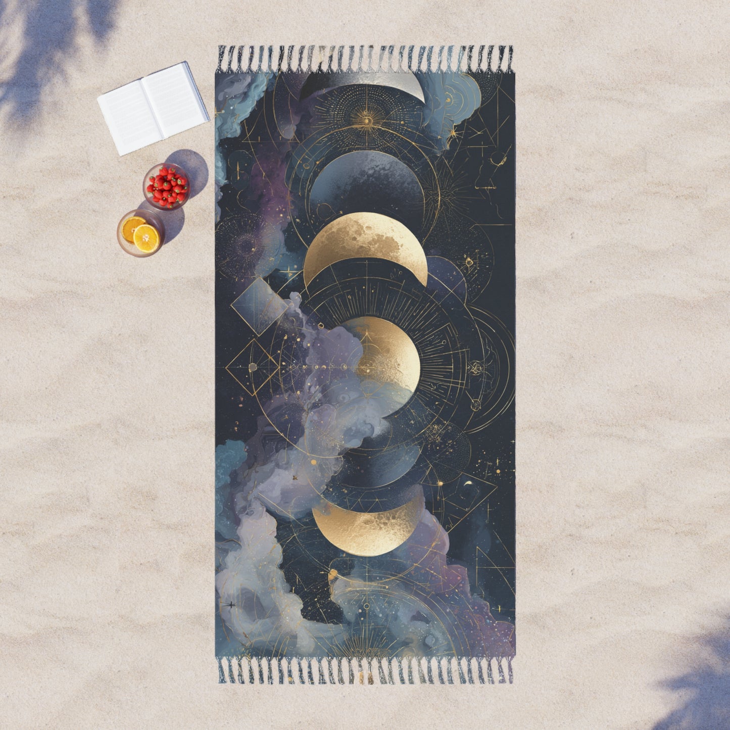 Boho Moon Phase Beach Towel, Astrology Decor, Crystal Beach Wrap, Meditation Blanket, Bohemian Gift for Beach Lovers