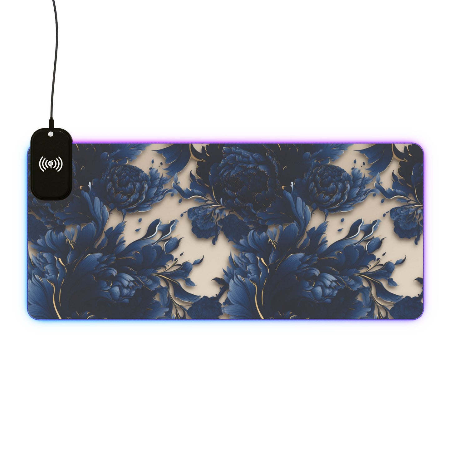 Artistic floral rgb gaming mouse pad with 15w Qi wireless charging, non-slip desk mat
