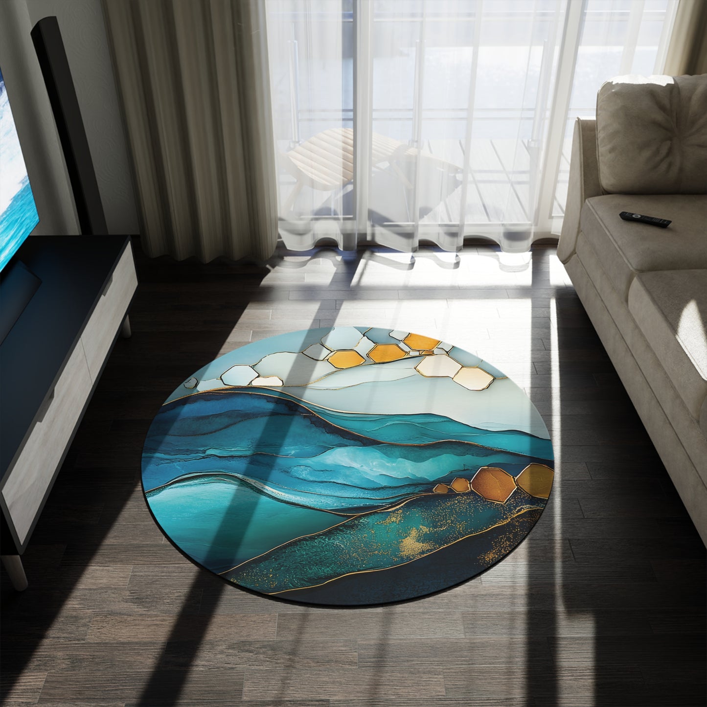 60-Inch Round Decorative Rug - Blue and Gold Wave Hexagon Design in Polyester Chenille