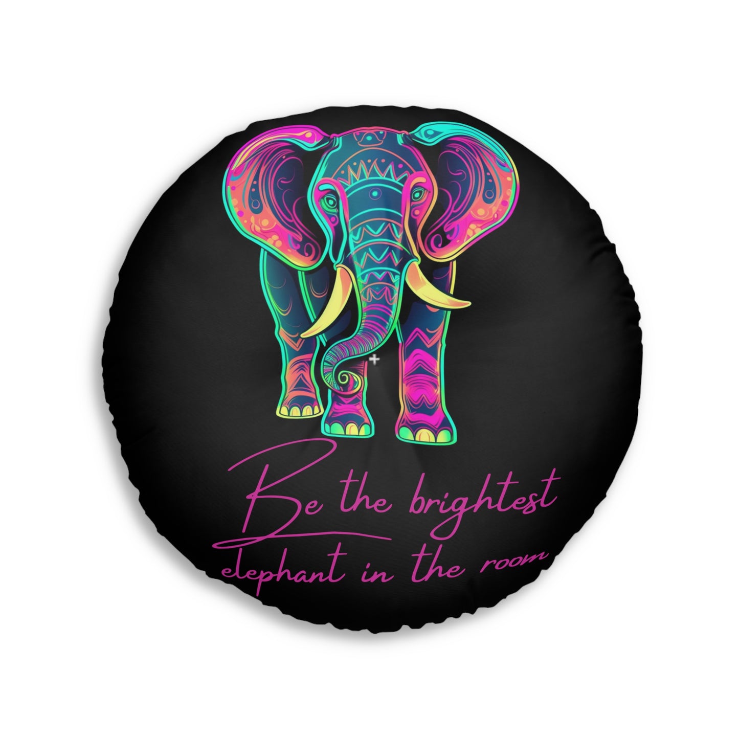 Boho Round Tufted Floor Pillow - Neon Elephant Decor, Black Pouf Cushion, Meditation