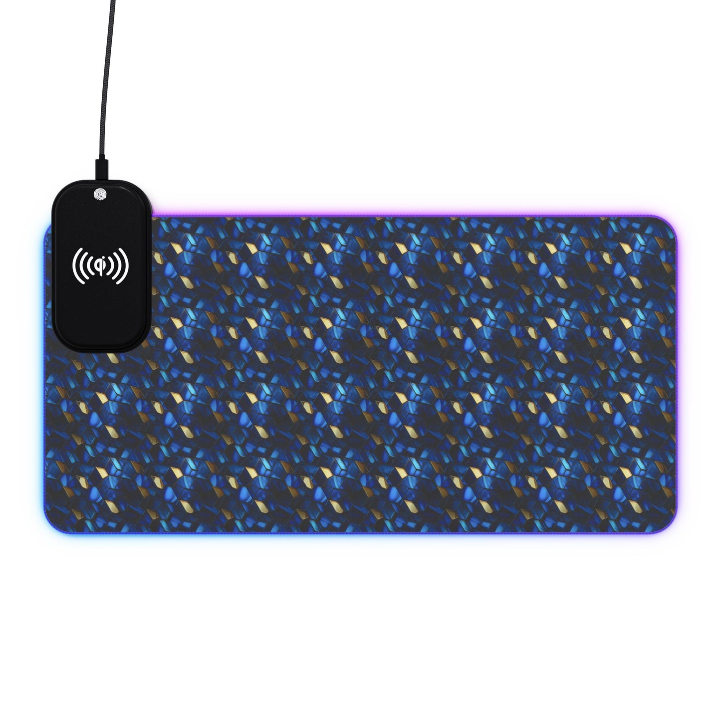 rgb gaming mouse pad with 15w qi charging – blue & gold geometric desk mat