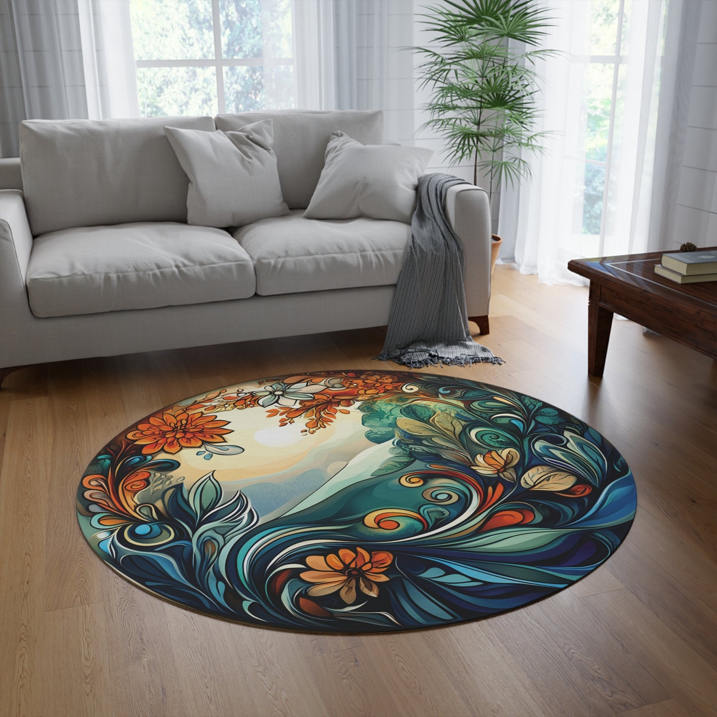 60" Round Botanical Rug | Soft Chenille Nature Landscape Art | Earthy Jewel Tone Decor